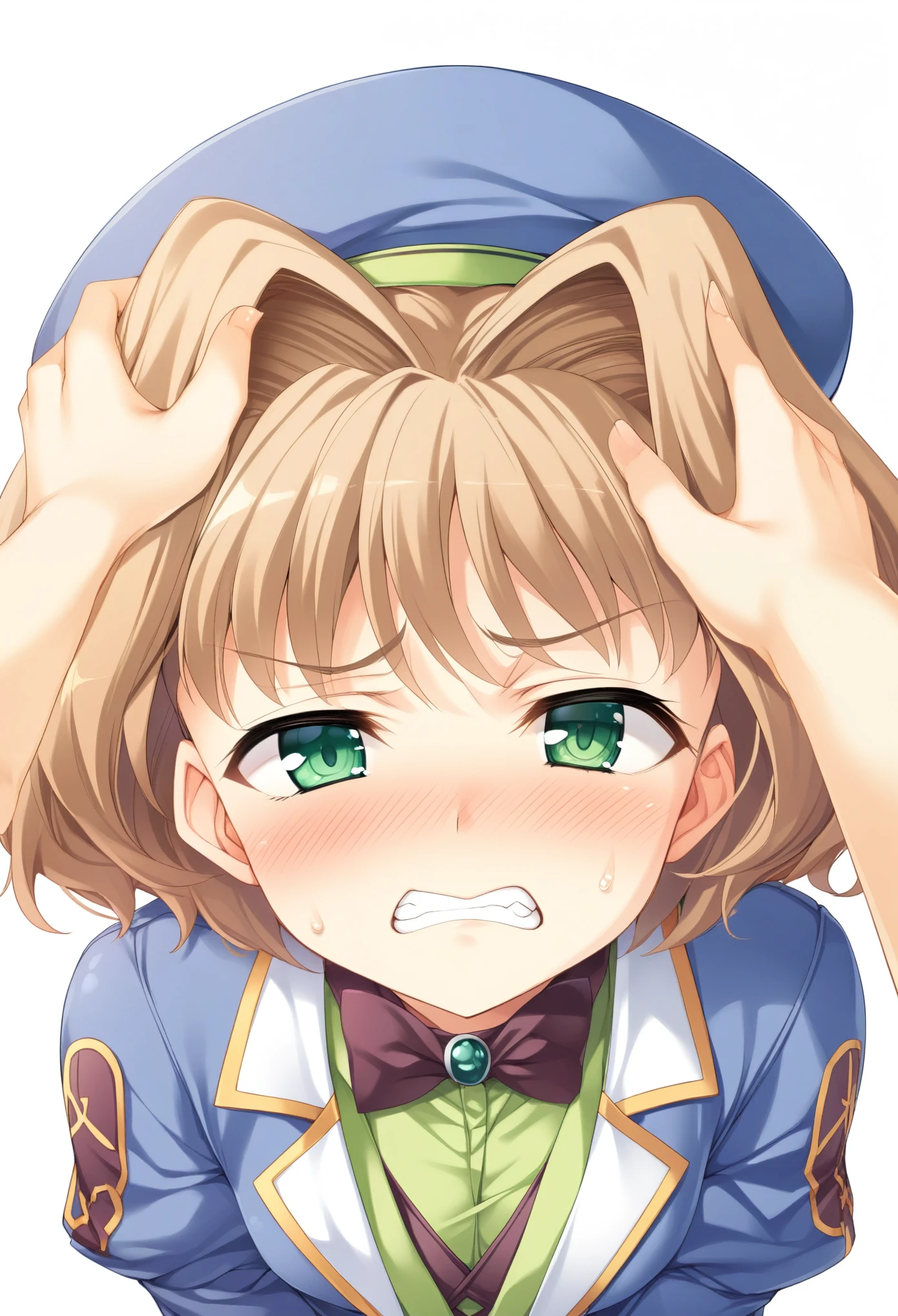 1girl, keifa, headpat, green eyes, hair intakes, hat, short hair, brown hair, blush, pov, clenched teeth, looking at viewer, coat, blue coat, white background, beret, ribbon, high quality, late, 