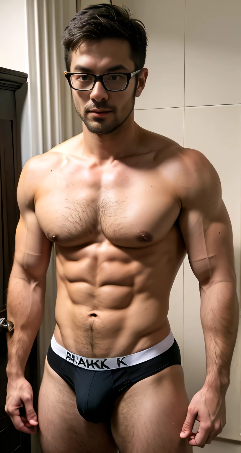  natural male、30 years old、male、Japanese、very handsome、abs、Pectoral muscle、ck black-underwear、sexy pose、body hair、full-length picture,wearing glasses 