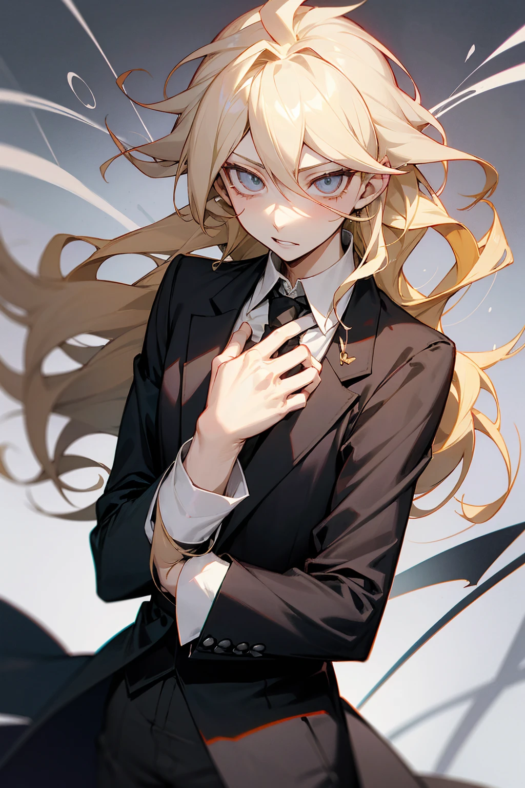 anime character with blonde hair and a suit and tie, nagito komaeda, handsome guy in demon slayer art, nagito komaeda from danganronpa, xqc, shigenori soejima illustration, digital art from danganronpa, beautiful androgynous prince, johan liebert mixed with alucard, delicate androgynous prince