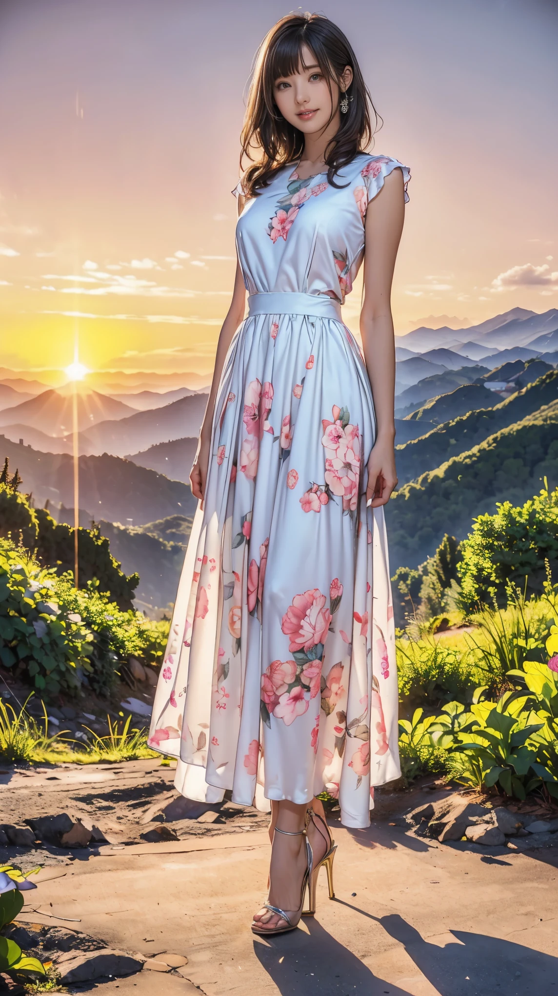 ((masterpiece)),(((Highest quality))),A low-angle shot that highlights beautiful thighs:1.5,Long legs,The best smile:1.5,Slim figure:1.5,whole body:1.5,(One Girl:1.3),(Viewer Display:1.4),(Pointy high heels:1.3),(Standing with legs apart on top of a mountain in the setting sun:1.2),(Wear a long skirt dress with floral or plant patterns:1.2),Curly Hair:1.5,