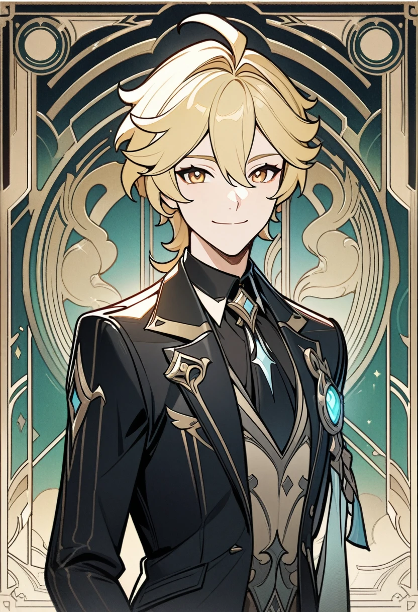 art deco, card, frames, vintage, art deco poster, high quality, male, aether, genshin impact, aether from genshin impact, suit, handsome face, cute face, blonde hair, smiling, masterpiece, detailed, line art, straight lines, clear art, 