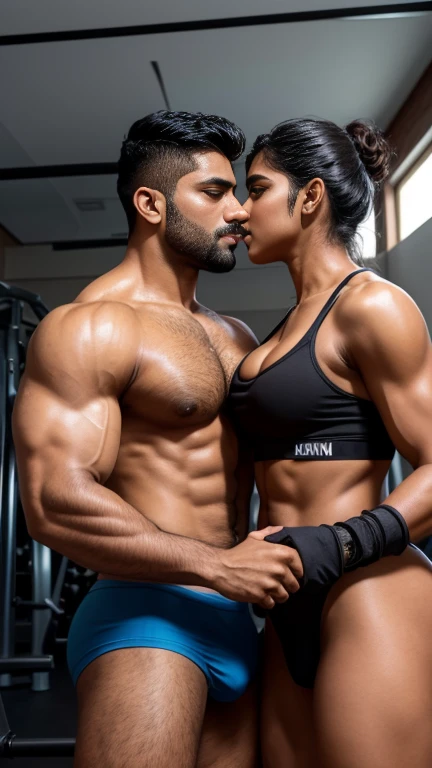 2 person one 40 years old beared indian jaat hunk man and one 18 years old indian girl in one photo, 40 years old Desi beared mascular dark skin jaat with huge wide muscular shoulders, wide chest, abs, masculine wide triceps, arms, biceps, big masculine legs, wide thighs, calfs, black-haired, hair falls on your face, Mesmerizing brown eyes, tight fitting undies with huge bulge, gloves in hand, kissing mouth to mouth with indian girl in gym, indian couple girl man mouth to mouth kissing, seductive 