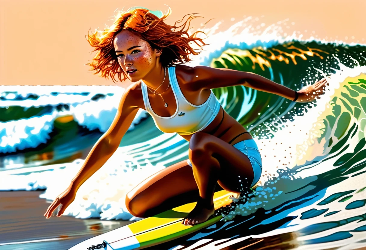 (on surfing board young girl isabelmoner-smf dora), (((solo))) (surfing on waves). (Hyper-realistic), Very short orange hair, freckles, white cute tanktop, Mini Shorts, Sport, sweaty, Average Breasts, aesthetics, ((oil painting)), (headband:0.75),(teal:0.2),(Orange:0.2), (by Jeremy Mann:0.5), (by John Constable:0.1),(by El Greco:0.5),(acrylic paint:0.75), 8K