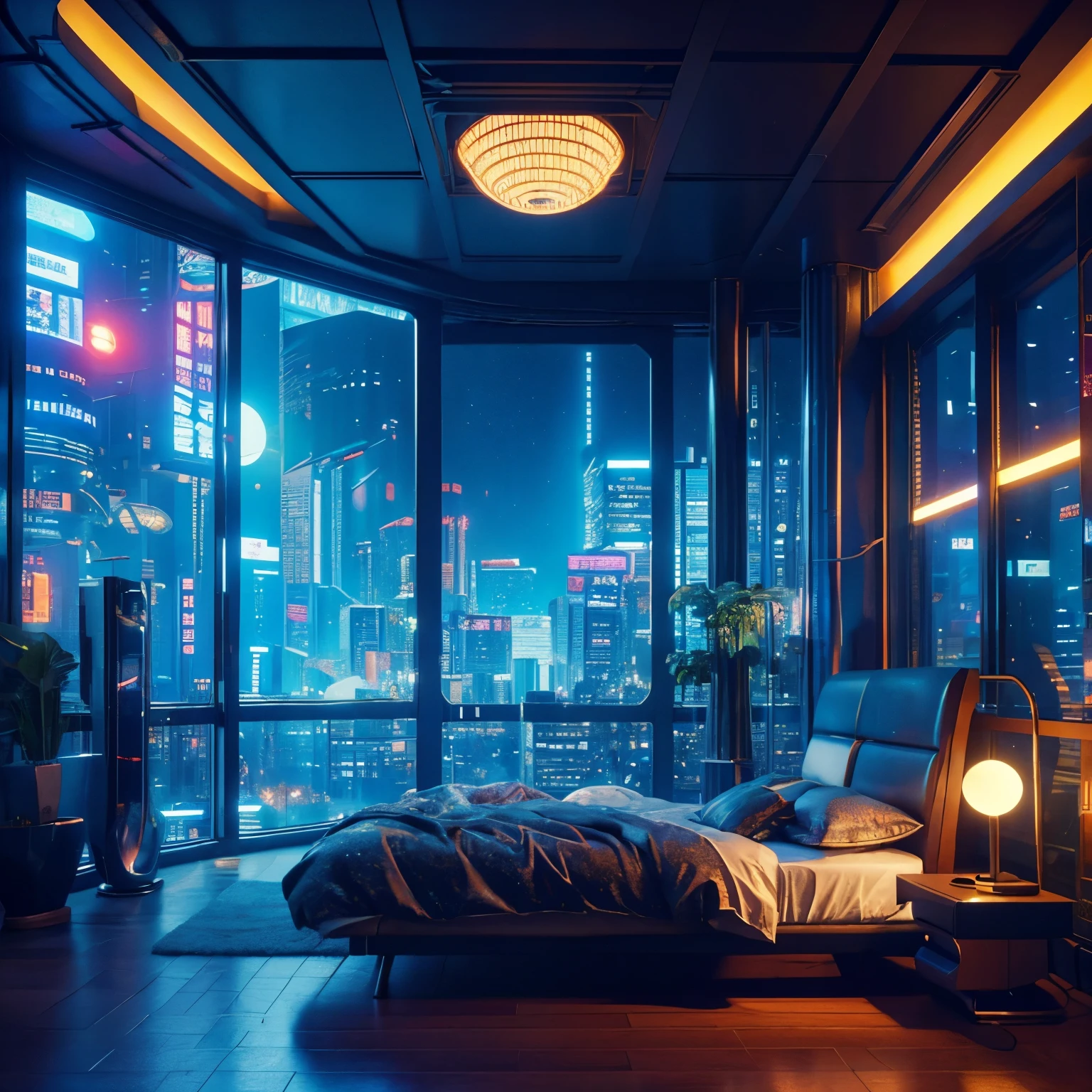 ((masterpiece)), (Extremely detailed), (Intricate details), (high resolution CGI artwork 8k), Create an image of a retro futuristic cyberpunk bedroom. One of the walls should have a large window，There is a busy, rich and colorful, And detailed cyberpunk cityscapes. Futuristic style with multiple colors and LED lights. Cityscapes should have extremely high detail and depth of field. 利用大气light营造深度，Evoke the feeling of a busy future city outside the window. Pay close attention to facial details，For example, complex, Hire eyes and bedroom accents. camera: Wide shot showing the room and windows. The window should be the focal point of the image. light: Use atmospheric and volumetric lighting to enhance cityscape details. The room should be illuminated by the neon lights of the city landscape.