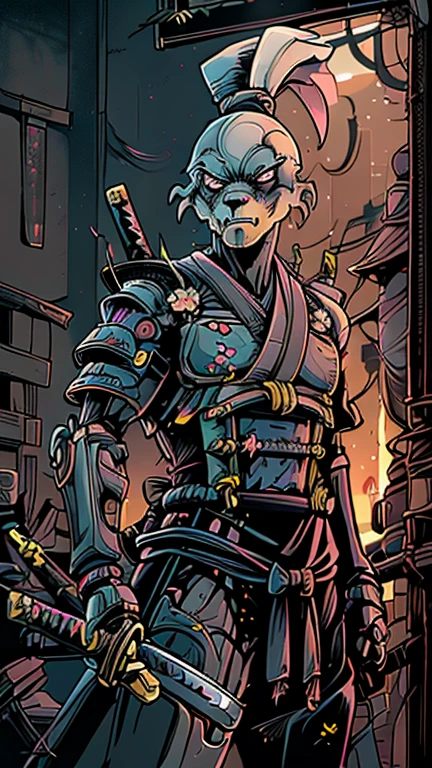 (Teens:1boy: usagi yojimbo), (extremely detailed CG unit 8k wallpaper),(master part), (best quality), (ultra detail), (best illustration),(melhor ombre), cowboy shot, (Sharp eyeliner, ombre, detail eyes:1),dark neon light post apocalyptic interiors background, ,break , (samurai
cyborg
armor), upper body