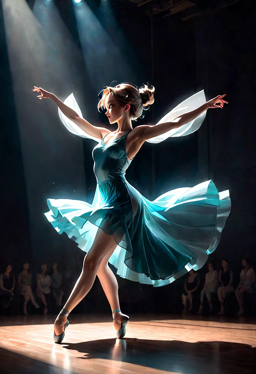 Generate an image of a woman dancing from a low angle with a distinctive composition that emphasizes movement and grace. Capture the fluidity of her movements and the dynamic energy of the dance in a visually striking way. Utilize unique lighting and angles to create a visually engaging and artistically expressive representation of the dance performance.chat ear