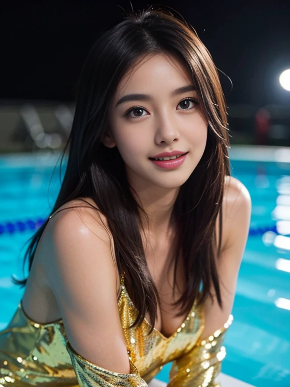 Latex bodysuit、Knee-high boots、Huge 、Long brown hair、Shiny, Oily skin、Glowing Skin、Indoor competition pool、White skin、 Body Portrait, 8k, Narrow and beautiful eyes, Dindal effect, masterpiece, 最high quality, high quality, High resolution, Very detailed photos, (Natural skin texture, Fine skin, Hyperrealism, Ultra Sharpness) , Skin with attention to detail, (Very fine, Fine skin texture, Intricate details, Beautiful Face, (A vivid face), Realistic eyes, Beautiful and detailed, Realistic Skin, Beautiful Skin, surreal, Very detailed, Golden Ratio, Smiling Eyes, ((Night moonlight background)), Body Portrait, glamorous, Shiny Bodysuit