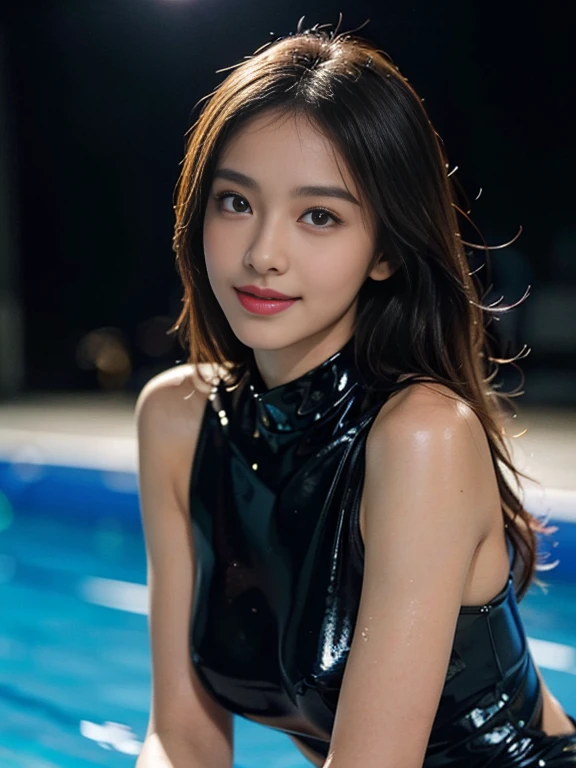 Latex bodysuit、Knee-high boots、Huge 、Long brown hair、Shiny, Oily skin、Glowing Skin、Indoor competition pool、White skin、 Body Portrait, 8k, Narrow and beautiful eyes, Dindal effect, masterpiece, 最high quality, high quality, High resolution, Very detailed photos, (Natural skin texture, Fine skin, Hyperrealism, Ultra Sharpness) , Skin with attention to detail, (Very fine, Fine skin texture, Intricate details, Beautiful Face, (A vivid face), Realistic eyes, Beautiful and detailed, Realistic Skin, Beautiful Skin, surreal, Very detailed, Golden Ratio, Smiling Eyes, ((Night moonlight background)), Body Portrait, glamorous, Shiny Bodysuit
