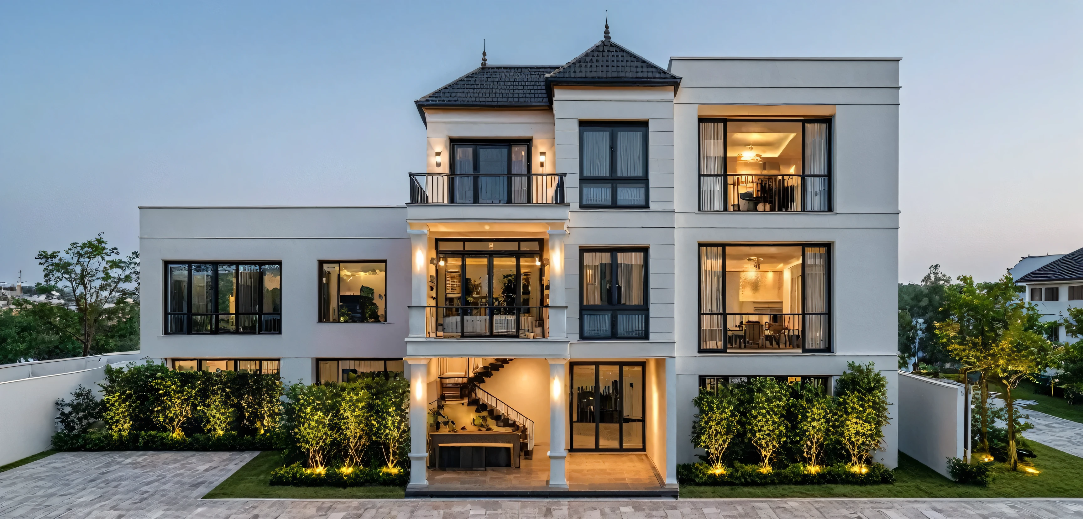 Real pictures of houses with balconies and balconies, idea houses, architectural ideas, architectural drawings, house designs, real pictures, daylight, beautiful plants, gray aluminum glass doors , interior lighting, spot light, 8k.