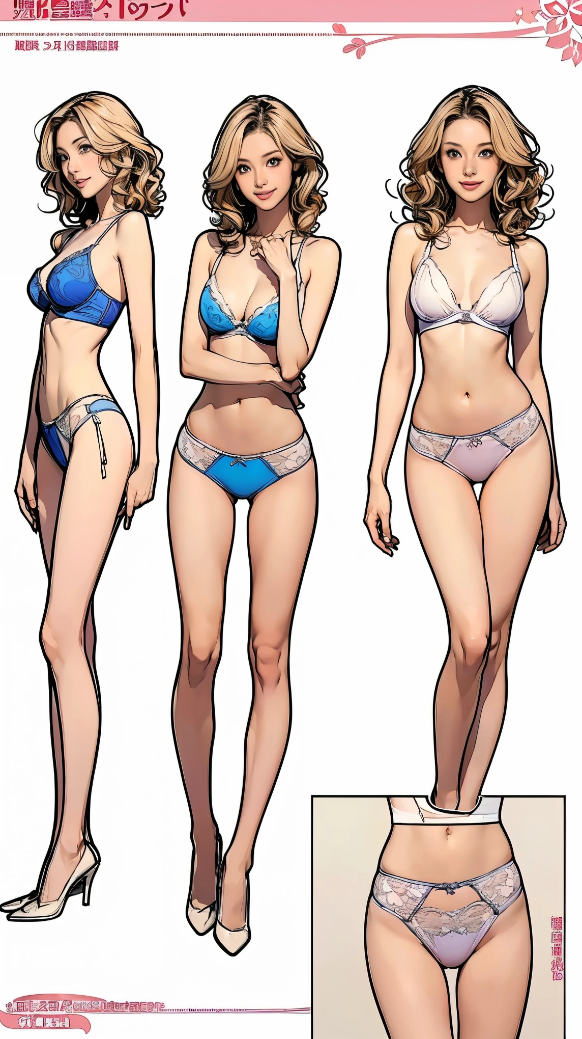 ((masterpiece)),(((Highest quality))),((Character design sheet)),Thin thighs,Long legs,(A very cute 20 year old young woman from Japan.), ((Light blonde delicate hair)), ((Short hair with messy side waves)),(((Slim and slender figure)))，Medium bust size､Small breasts､ (((Clean your hands)))，(Curly Hair)，(((A very kind smile))), (((She wears random colored panties)))，(((She&#39;s wearing a random color bra))) ((Highest quality, 16K, Tabletop: 1.3)), The light shines on your face, Highly detailed face, Highly detailed lips, Beautiful Eyes,