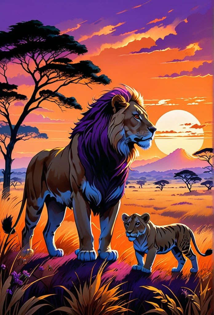 Serengeti sunset casting long shadows over a pride of lions, savanna grass swaying gently, distant acacia trees silhouetted against a fiery sky, color palette of deep oranges and purples, digital painting, ultra fine detail, golden ratio composition., Art by Ayami Kojima, Hiroaki, aesthetic Marika Kohno, Toru Asakura. manga style+. Studio Ghibli Genshin Impact