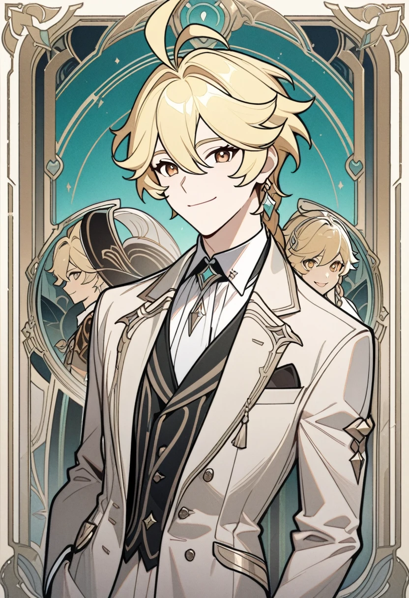 art deco, card, frames, vintage, art deco poster, high quality, male, aether, genshin impact, aether from genshin impact, suit, handsome face, cute face, blonde hair, smiling, masterpiece, detailed, line art, straight lines, clear art, great gatsby, art nouveo