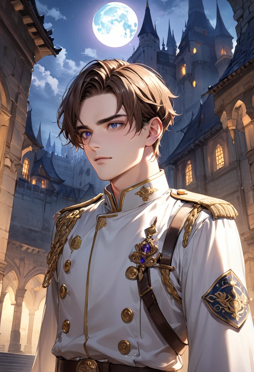 1 male Short brown hair and eyebrows Bangs that cover the forehead transverse hair that hides the ears Purple Eyes White military uniform full moon Castle courtyard