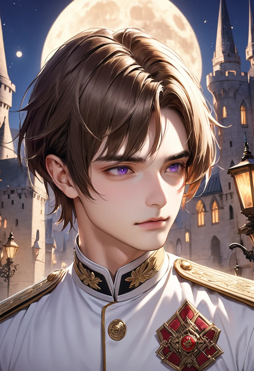 1 male　Short brown hair and eyebrows　Bangs that cover the forehead　transverse hair that hides the ears　Purple Eyes　White military uniform　full moon　Castle courtyard