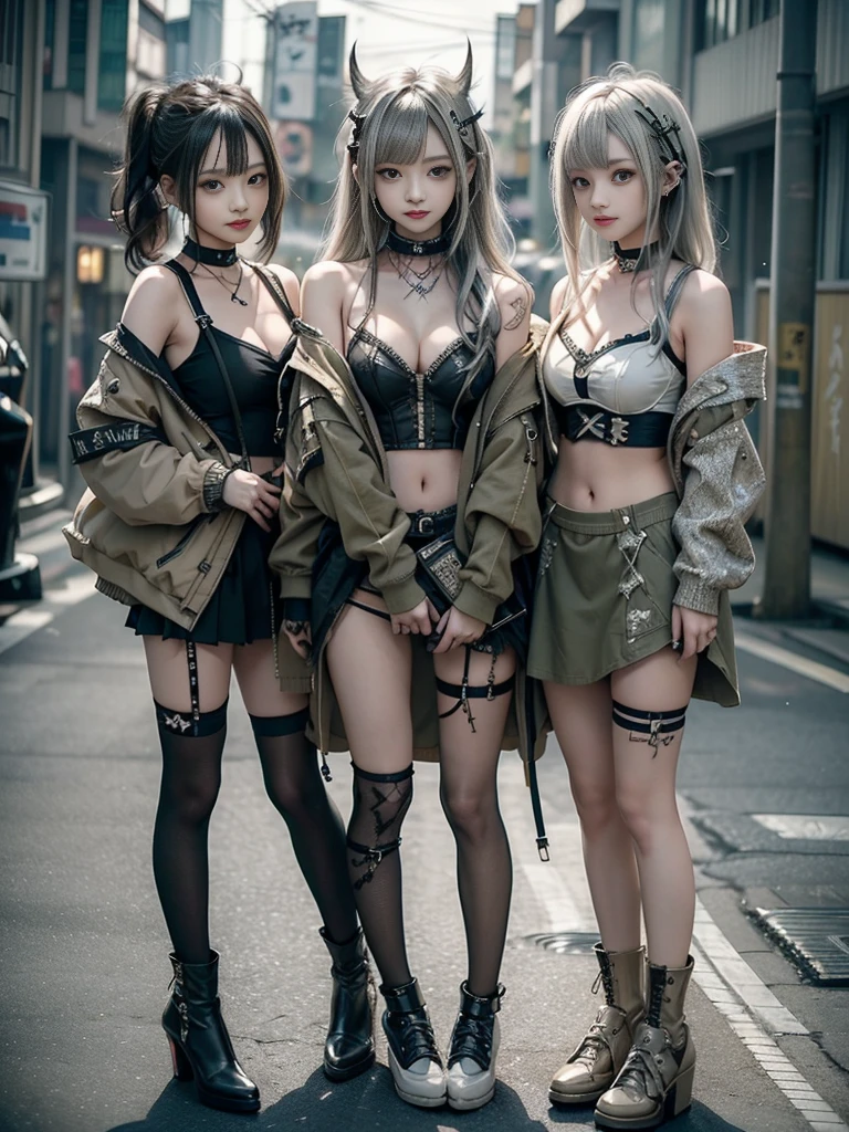 (Three Girls, 3 girls:1.5)、(Smiling with teeth showing:1.3),(Shibuya Gal:1.5)、(Beautiful gravure model:1.5)、(Neo-goth fashion:1.5)、(Punk RockVisual Kei:1.5)、(An off-the-shoulder hoodie in olive and beige colors, adorned with delicate silver accessories.:1.5)、(Beige and white corset with delicate design:1.4)、(Olive and white snakeskin bodysuit:1.5)、(head band:1.3)、(Beige and olive knee socks:1.4)、Embellished collar and long boots、(I&#39;m selling snake print underwear.:1.4)、(Long eyelashes:1.3)、(20-year-old)、((Highest quality、8k、masterpiece:1.3))、Slim and beautiful abs:1.3、(hairstyle casual、Beautiful boobs:1.1)、(Doing an aerobics pose:1.3)、dress:1.1、Super small face、Narrow eyes、double eyelid、A sloppy smile、Esbian all over body、Dynamic Angle、Close-up、CPL Filter、Blurred Background、Bokeh、Blue Hour、Detailed face and skin texture、Detailed eyes、,(Twin tails:1.3)、(Black brown hair:1.3)、Gravure idol、(The background is a bright and glamorous fashion show stage.:1.3)、(Make your legs thinner:1.4)、(Slim Body:1.3)、(clavicle:1.1)
