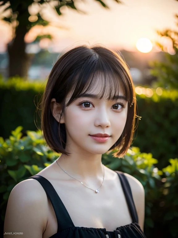 (Highest quality,8K quality,masterpiece:1.3),(Ultra-high resolution,Photorealistic:1.4,RAW Photos),(Ultra-detailed,Caustics,Detailed Background),(Ultra-Realistic Capture,Beautiful and detailed skin,Perfect Anatomy),16 years old,cute,double eyelid,Black short bob,White tight dress,Looking into the camera,Laughter,Large Bust, Bust up shot,Natural soft light, Looking into the camera, sunset,sunset,garden,Backlight,