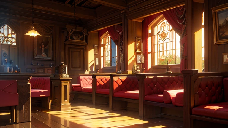 young redhead, medieval tale tavern, Intricately detailed colorful interior, detailed intense sunrise lightning, Best Geometry, award wining masterpiece, ultra intricate shadows and lighting, better lighting, better shadows, busy and complex environment, Trends in the art season, Global illumination, car lighting polish, Bioluminescence, mid-journey style, art by Albert Bierstadt