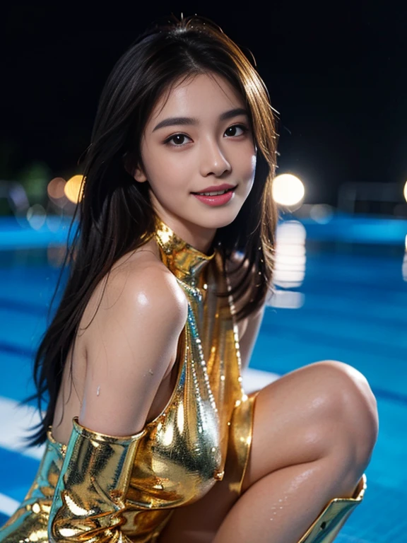 Latex bodysuit、Knee-high boots、Huge 、Long brown hair、Shiny, Oily skin、Glowing Skin、Indoor competition pool、White skin、 Body Portrait, 8k, Narrow and beautiful eyes, Dindal effect, masterpiece, 最high quality, high quality, High resolution, Very detailed photos, (Natural skin texture, Fine skin, Hyperrealism, Ultra Sharpness) , Skin with attention to detail, (Very fine, Fine skin texture, Intricate details, Beautiful Face, (A vivid face), Realistic eyes, Beautiful and detailed, Realistic Skin, Beautiful Skin, surreal, Very detailed, Golden Ratio, Smiling Eyes, ((Night moonlight background)), Body Portrait,  glamorous, Shiny Bodysuit