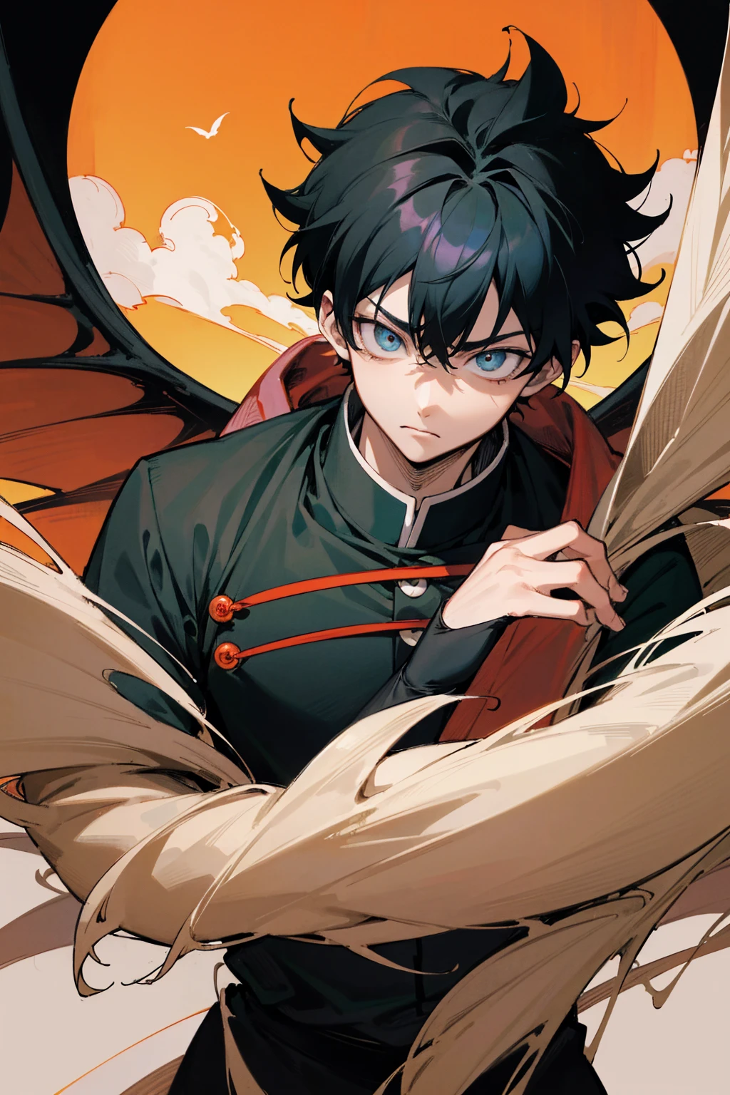 a close up of a person with a black shirt and a bird on his shoulder, handsome guy in demon slayer art, manga style of kentaro miura, key anime art, coloured manga scan, inspired by Yamagata Hiro, handsome japanese demon boy, kentaro miura manga art style, inspired by Okumura Masanobu, male anime character