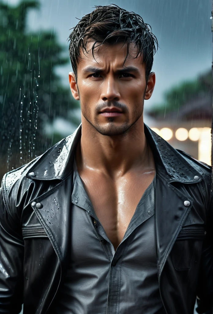 acting(((martial arts superstar)),black pants, realist:1.3,( fotorrealist, 8K, original photo, high quality, masterpiece, epic lights. close up, center image), (prospect),((1 Handsome guy with confident and well-proportioned muscles, post apocalyptic, Guerrero, Rostro y cuerpo perfectamente detallados, (prospect), rain scene, Poor lighting due to rain,(( My face and body were soaked by the rain:1.5)),lightning lighting, dynamic poses, beautiful fine hair, Leather jacket)), ((imaginative scenes)),((perfect, meticulously.:1.3)), ((panoramic: 1.4)), ((best quality )), ((masterpiece)), 3d, (Super detailed: 1.3), ((epic scenery: 1.3)), ((night background: 1.3 ))), (((night:1.2))), ( lifelike: 1.4), ((Front camera)),( (Low-light night cinematic lighting: 1.2)). 32