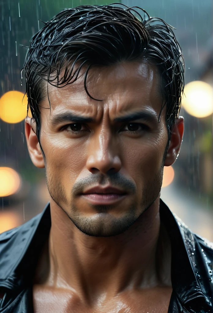 acting(((martial arts superstar)),black pants, realist:1.3,( fotorrealist, 8K, original photo, high quality, masterpiece, epic lights. close up, center image), (prospect),((1 Handsome guy with confident and well-proportioned muscles, post apocalyptic, Guerrero, Rostro y cuerpo perfectamente detallados, (prospect), rain scene, Poor lighting due to rain,(( My face and body were soaked by the rain:1.5)),lightning lighting, dynamic poses, beautiful fine hair, Leather jacket)), ((imaginative scenes)),((perfect, meticulously.:1.3)), ((panoramic: 1.4)), ((best quality )), ((masterpiece)), 3d, (Super detailed: 1.3), ((epic scenery: 1.3)), ((night background: 1.3 ))), (((night:1.2))), ( lifelike: 1.4), ((Front camera)),( (Low-light night cinematic lighting: 1.2)). 32