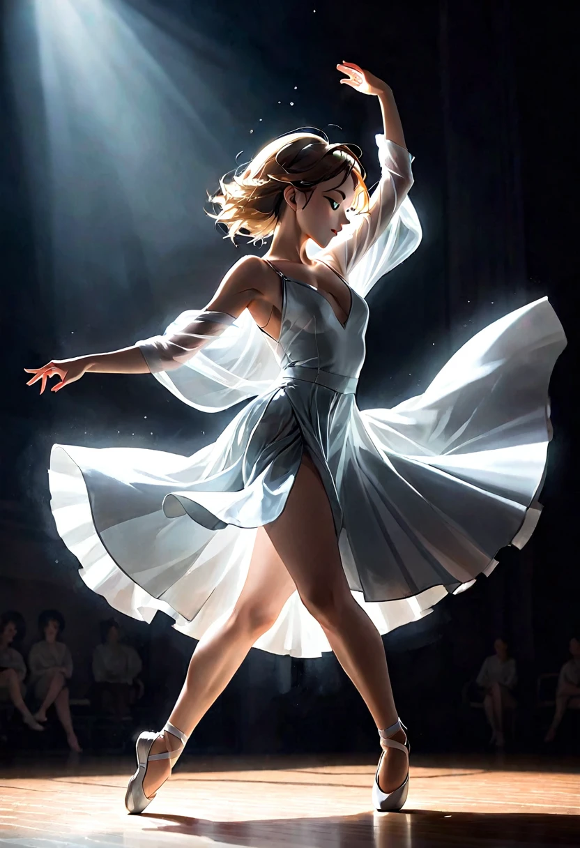 Generate an image of a woman dancing from a low angle with a distinctive composition that emphasizes movement and grace. Capture the fluidity of her movements and the dynamic energy of the dance in a visually striking way. Utilize unique lighting and angles to create a visually engaging and artistically expressive representation of the dance performance.chat ear
