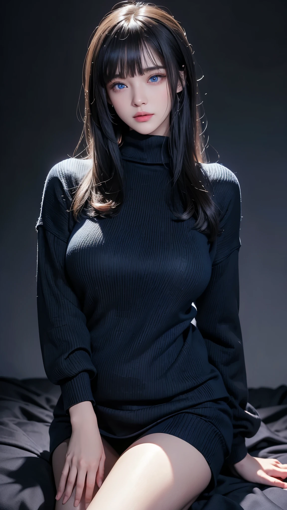 masterpiece, best quality, Very detailed, Facing the camera, 複雑に詳細なVery detailed, Practical, Distinctive features, Very detailed, Clear focus, Perfect face, Perfect face, Perfect eyes with perfect symmetry, Perfect plump lips, Flexible female form, Movie, lamp, Very detailed, hyper Practical, masterpiece, atmosphere, high resolution, Energetic, 动态工作室lamp光, ((Dark background)), Endure the expression of happiness, Straight bangs, blue eyes,Black Sweater, Cowboy shooting,turtleneck sweaterst round、Expression of sexual arousal