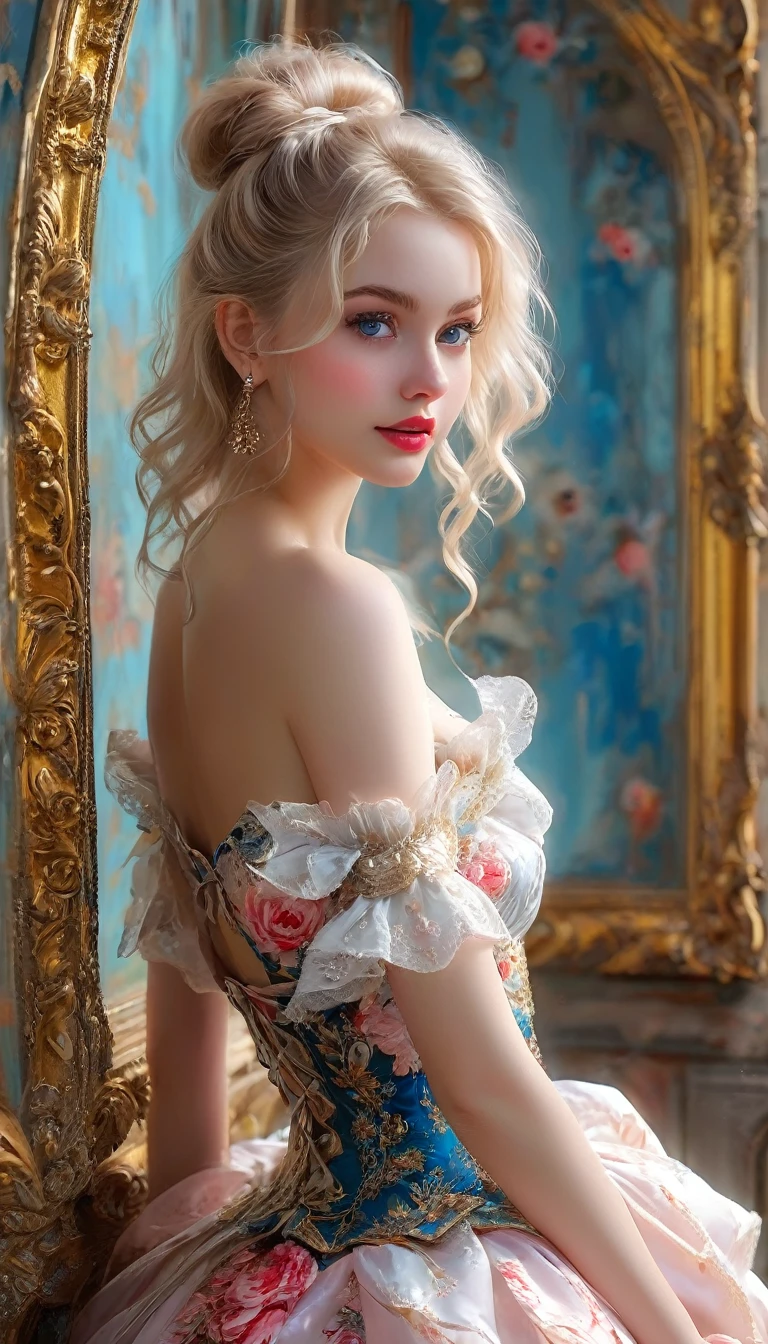 pink short skirt with high waist, platinum blonde, very long hair, hair bun, crop top. to bend forward provocatively, tousled hair, pale skin, Red lips, on hands and knees. Skirt with woodcut pattern, crop top Wth Blue Rosemaled Designs. Wide smile above the waist, Eyes detailed & Wide,dynamic pose. on hands and knees Digital Painting, 4K Ultra HD, Rococo-inspired fantasy art with intricate details. adorable, charming expression, Seductive glance, Nice blue eyes, An ideal hourglass figure.. Big youthful, well-formed breasts, big butt. Massive cleavage with round breasts. Full body side profile of Anna Popplewell