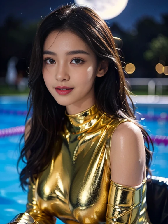 Latex bodysuit、Knee-high boots、Huge 、Long brown hair、Shiny, Oily skin、Glowing Skin、Indoor competition pool、White skin、 Body Portrait, 8k, Narrow and beautiful eyes, Dindal effect, masterpiece, 最high quality, high quality, High resolution, Very detailed photos, (Natural skin texture, Fine skin, Hyperrealism, Ultra Sharpness) , Skin with attention to detail, (Very fine, Fine skin texture, Intricate details, Beautiful Face, (A vivid face), Realistic eyes, Beautiful and detailed, Realistic Skin, Beautiful Skin, surreal, Very detailed, Golden Ratio, Smiling Eyes, ((Night moonlight background)), Body Portrait, glamorous, Shiny Bodysuit