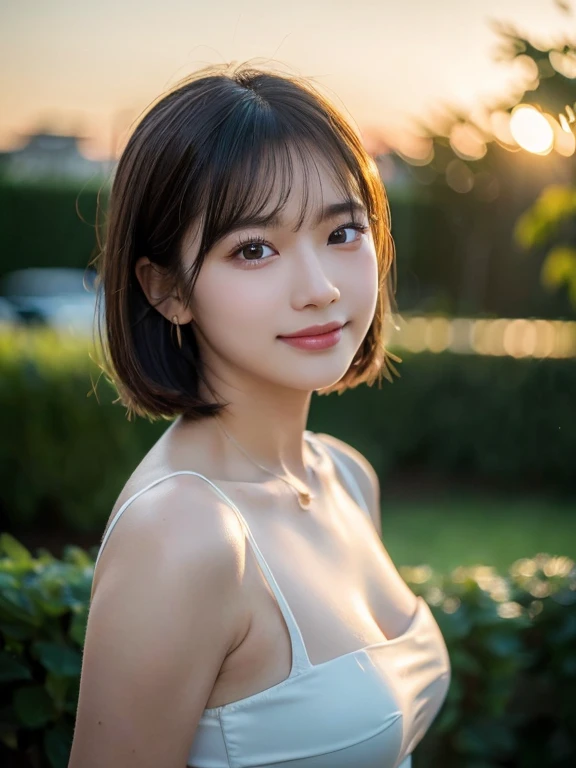 (Highest quality,8K quality,masterpiece:1.3),(Ultra-high resolution,Photorealistic:1.4,RAW Photos),(Ultra-detailed,Caustics,Detailed Background),(Ultra-Realistic Capture,Beautiful and detailed skin,Perfect Anatomy),,cute,double eyelid,Black short bob,White tight dress,Looking into the camera,Laughter,Large Bust,Close-up, Natural soft light, Looking into the camera, sunset,sunset,garden,Backlight, 