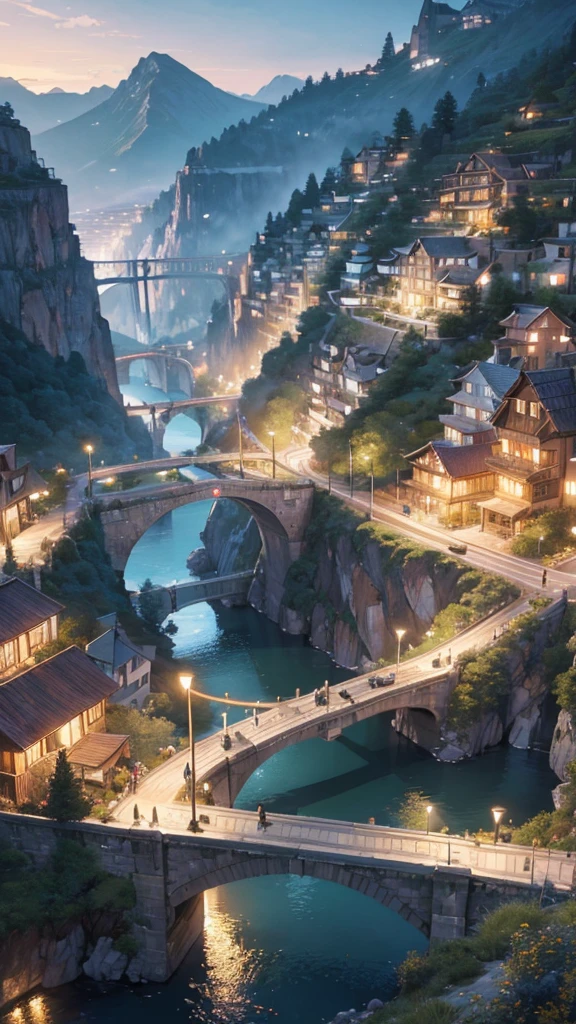 a picturesque mountain landscape, houses nestled at the base, a winding bridge arching over the hillside, cars traversing the bridge, warm evening lighting, detailed scenery, cinematic composition, matte painting, digital art, hyper-realistic, photorealistic, extremely detailed, 8k, best quality