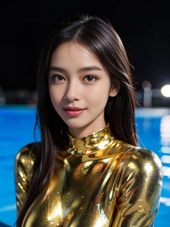 Latex bodysuit、Knee-high boots、Huge 、Long brown hair、Shiny, Oily skin、Glowing Skin、Indoor competition pool、White skin、 Body Portrait, 8k, Narrow and beautiful eyes, Dindal effect, masterpiece, 最high quality, high quality, High resolution, Very detailed photos, (Natural skin texture, Fine skin, Hyperrealism, Ultra Sharpness) , Skin with attention to detail, (Very fine, Fine skin texture, Intricate details, Beautiful Face, (A vivid face), Realistic eyes, Beautiful and detailed, Realistic Skin, Beautiful Skin, surreal, Very detailed, Golden Ratio, Smiling Eyes, ((Night moonlight background)), Body Portrait, glamorous, Shiny Bodysuit
