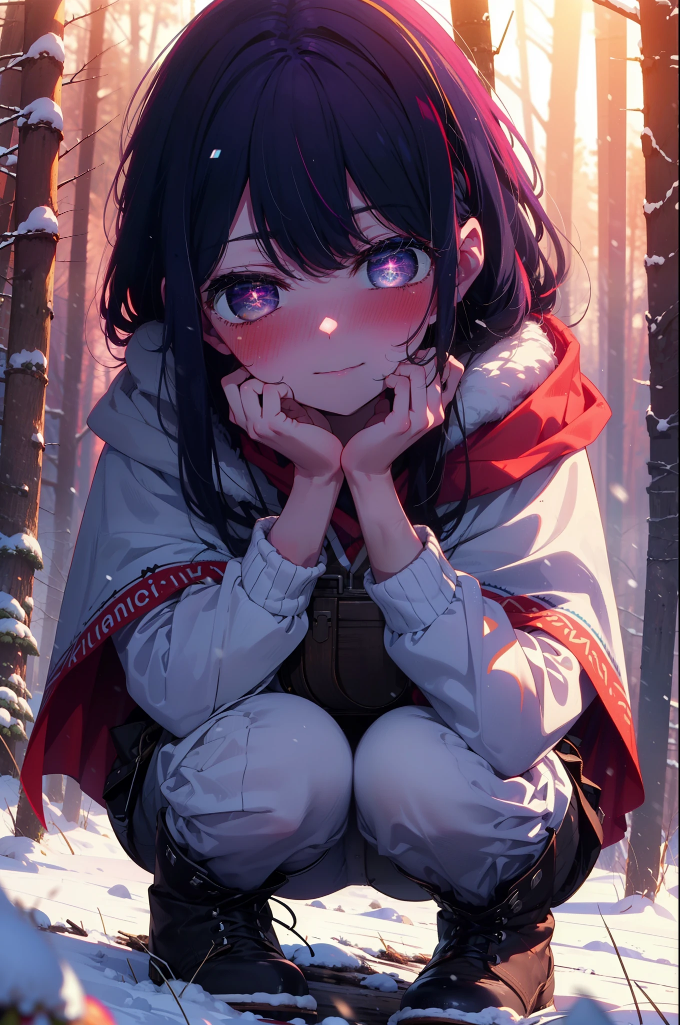 aihoshino, Ai Hoshino, Long Hair, bangs, (Purple eyes:1.1), Purple Hair, (Symbol-shaped pupil:1.5), smile,,smile,blush,white breath,
Open your mouth,snow,Ground bonfire, Outdoor, boots, snowing, From the side, wood, suitcase, Cape, Blurred, , forest, White handbag, nature, Squat, Mouth closed, Cape, winter, Written boundary depth, Black shoes, red Cape break looking at viewer, Upper Body, whole body, break Outdoor, forest, nature, break (masterpiece:1.2), Highest quality, High resolution, unity 8k wallpaper, (shape:0.8), (Beautiful and beautiful eyes:1.6), Highly detailed face, Perfect lighting, Extremely detailed CG, (Perfect hands, Perfect Anatomy),