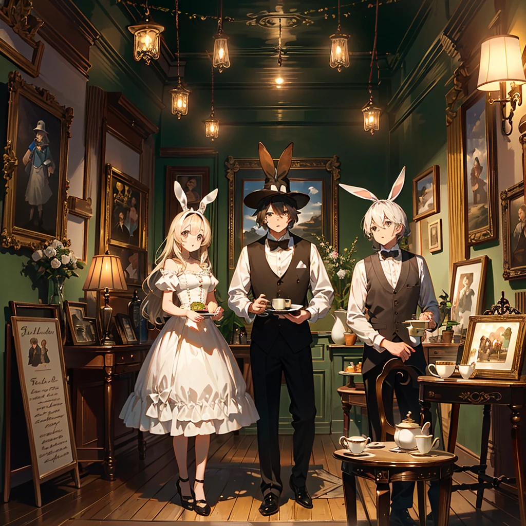 A strange tea party ensues, with such mysterious characters as the Mad Hatter (the mad hatter) and the March Hare (the March Hare).This scene epitomizes the fantastic and quirky atmosphere of Carroll's entire oeuvre!