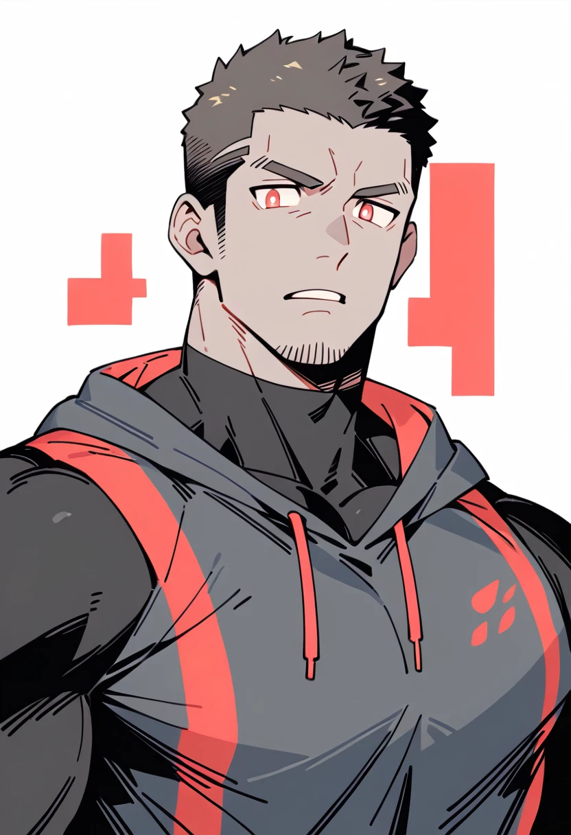 anime characters:Priapus, Dark Grey Skin Muscle Sports Student, Buzz Cut, Manliness, male focus, Sports tight hooded sweatshirt, Under Armour Brand, Wear a high-necked tights underneath, Very tight, Huge pectoral muscles, muscular male, muscular, only, Upper body, alone, Red short hair, Thick eyebrows, stubble, Brown-red pupils, White background, Solid color background, Clean background, simple background, amazing quality, best aesthetics, Ridiculous, crew cut, bright pupils, embarrassed, frown, parted lips, endured face, negative space, negative space, best quality