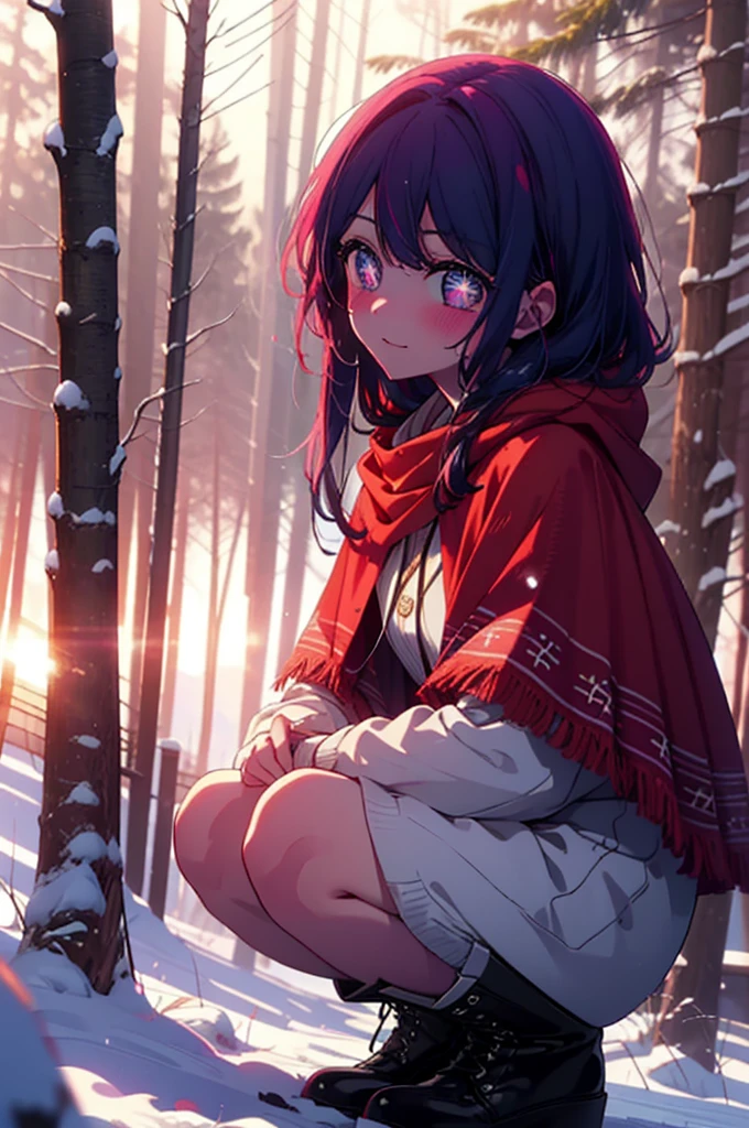 aihoshino, Ai Hoshino, Long Hair, bangs, (Purple eyes:1.1), Purple Hair, (Symbol-shaped pupil:1.5), smile,,smile,blush,white breath,
Open your mouth,snow,Ground bonfire, Outdoor, boots, snowing, From the side, wood, suitcase, Cape, Blurred, , forest, White handbag, nature,  Squat, Mouth closed, Cape, winter, Written boundary depth, Black shoes, red Cape break looking at viewer, Upper Body, whole body, break Outdoor, forest, nature, break (masterpiece:1.2), Highest quality, High resolution, unity 8k wallpaper, (shape:0.8), (Beautiful and beautiful eyes:1.6), Highly detailed face, Perfect lighting, Extremely detailed CG, (Perfect hands, Perfect Anatomy),