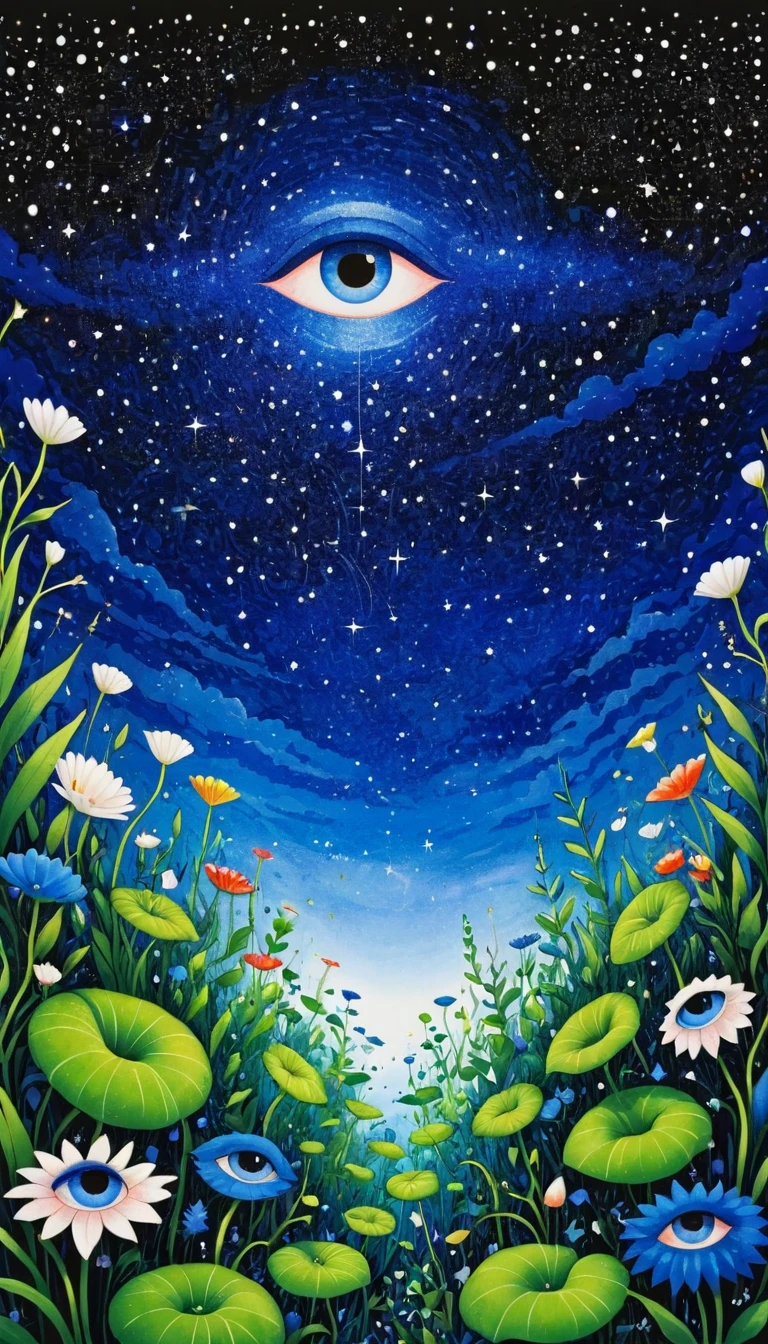 Psychedelic Art。plant、Marine life、(((Eye)))、Eyes on plants、Starry Sky，An abstract painting at the joint，Describing the inner world of autistic people，Sense of space，blank，White Space，Pointillism method，Childish lines，Klein Blue