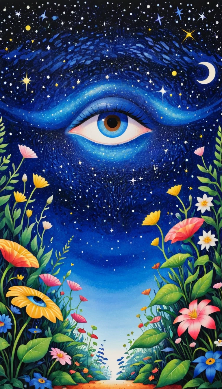 Psychedelic Art。plant、Marine life、(((Eye)))、Eyes on plants、Starry Sky，An abstract painting at the joint，Describing the inner world of autistic people，Sense of space，blank，White Space，Pointillism method，Childish lines，Klein Blue