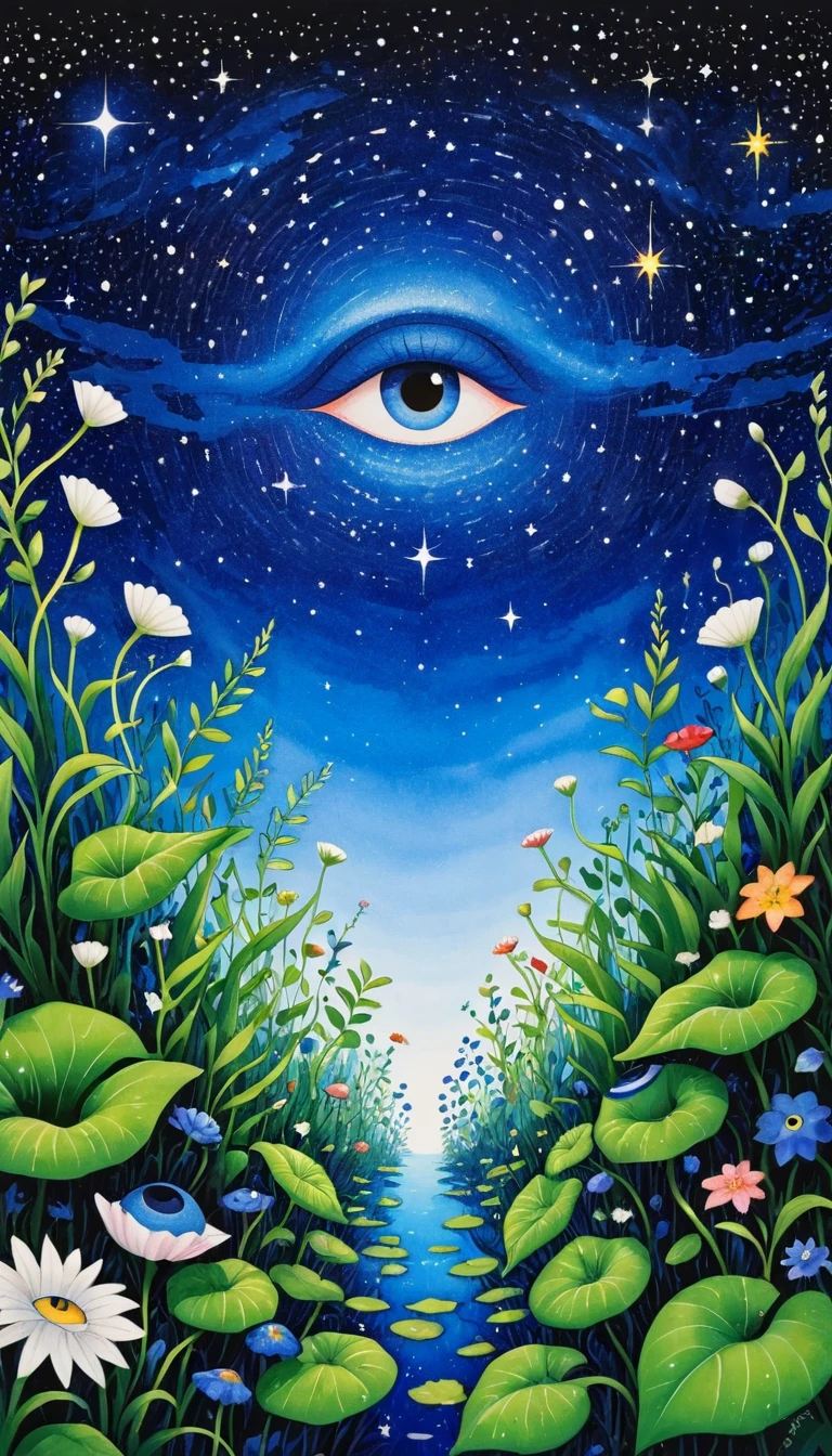 Psychedelic Art。plant、Marine life、(((Eye)))、Eyes on plants、Starry Sky,An abstract painting at the joint,Describing the inner world of autistic people,Sense of space,blank,White Space,Pointillism method,Childish lines,Klein Blue