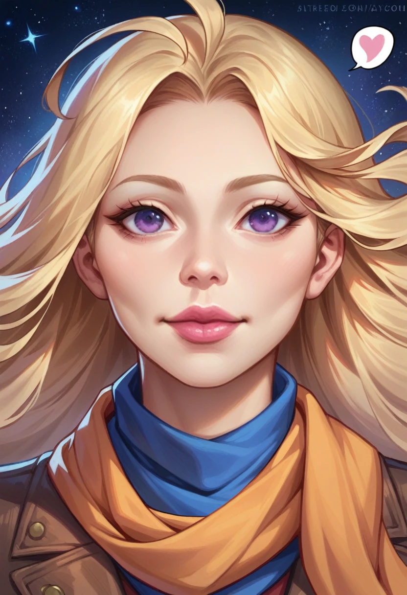 1 woman, Ahoge, forehead, blonde hair, blowing kisses, blue eyes, blue scarf, brown scarf, split, closed mouth, Eyelashes, face, floating hair, hair between eyes, mind, Lips, Lipstick, long hair, looking at viewer, assembly, night sky, nose, Close one eye, orange scarf, pink Lips, pink scarf, portrait, purple eyes, realistic, red Lips, red scarf, scarf, signature, laugh, alone, space, spoken mind, star (sky), starry sky, upper body, watermark, Yang Xiaolong, yellow scarf