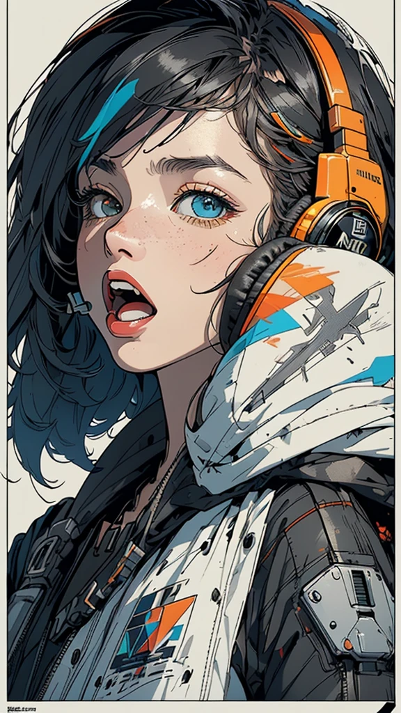 (((masterpiece, highest quality))),(((solo:1.2))),(((1girl:1.2))),32k wallpaper, very detailed, poster, vintage science fiction,(((((geometric cinematic movie poster))))), ((bauhaus)),(shape),(((abstract))),(mid century modern),(((((portfolio))))),(((((Close-up))))),(((((bust up))))),((((more various angle)))),((((highlight)))),((((heterochromia)))),(((complete. detailed face))),((((Extremely talented)))),(((((most complecated futristic machine))))),(Colorful color scheme),(((detailed unlimited complete equipment : headphone like a rail gun))),(((((Absolutely simple background))))),(((Texture for people : grunge))),(((((open mouth amazing wide))))),(((((SCREAM)))))