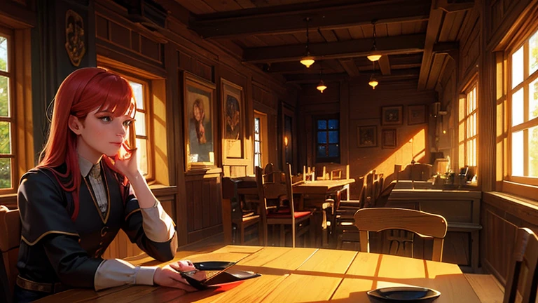 young redhead, medieval tale tavern, Intricately detailed colorful interior, detailed intense sunrise lightning, Best Geometry, award wining masterpiece, ultra intricate shadows and lighting, better lighting, better shadows, busy and complex environment, Trends in the art season, Global illumination, car lighting polish, Bioluminescence, mid-journey style, art by Albert Bierstadt