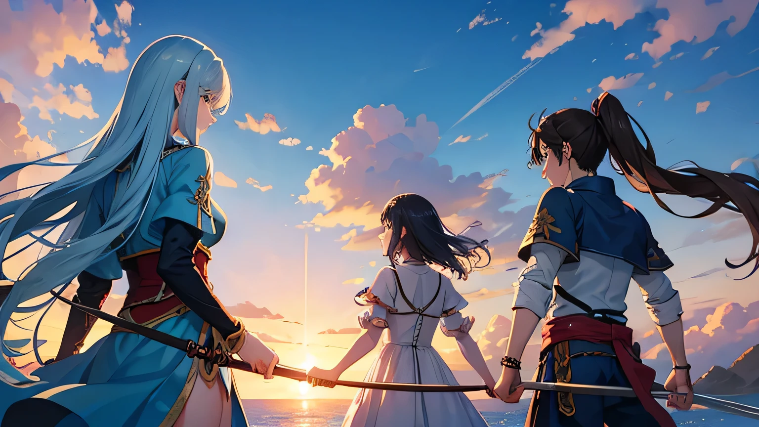Fantasy World、Friendship between a swordsman, a pirate and a princess、victory、The background is the sea