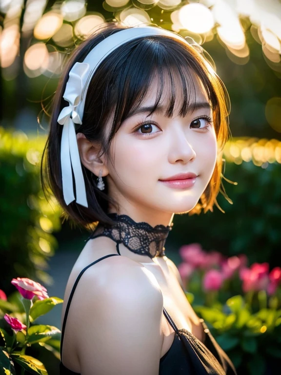 (Highest quality,8K quality,masterpiece:1.3),(Ultra-high resolution,Photorealistic:1.4,RAW Photos),(Ultra-detailed,Caustics,Detailed Background),(Ultra-Realistic Capture,Beautiful and detailed skin,Perfect Anatomy),,cute,double eyelid,Black short bob,White tight dress,Looking into the camera,Laughter,Large Bust,Close-up, Natural soft light, Looking into the camera, sunset,sunset,garden,Backlight,