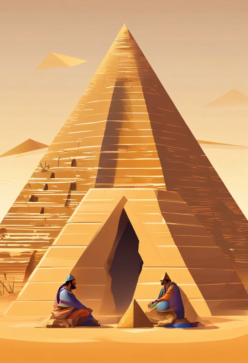 a man sits between two pyramids behind him. vector style. one man.