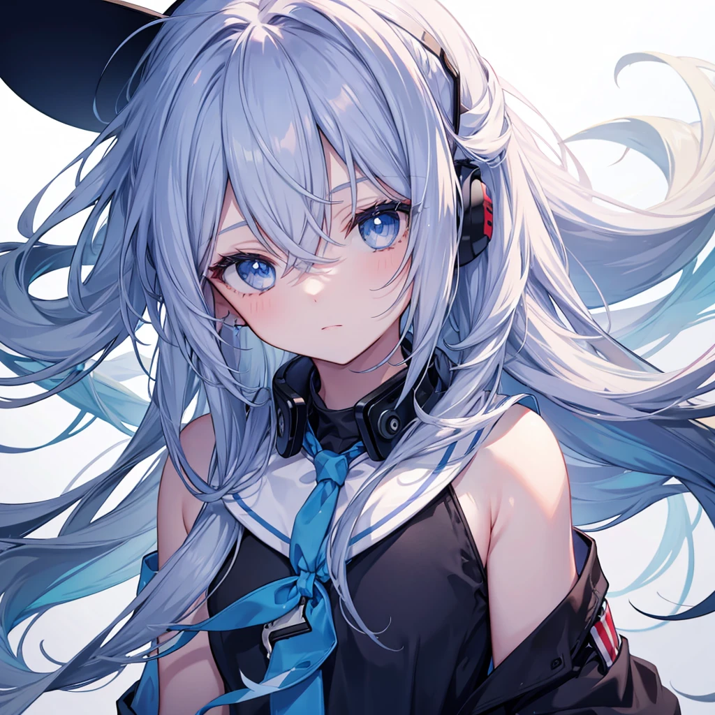One girl, Long Hair, Simple Background, blue eyes, Bangs between the eyes, earphone,