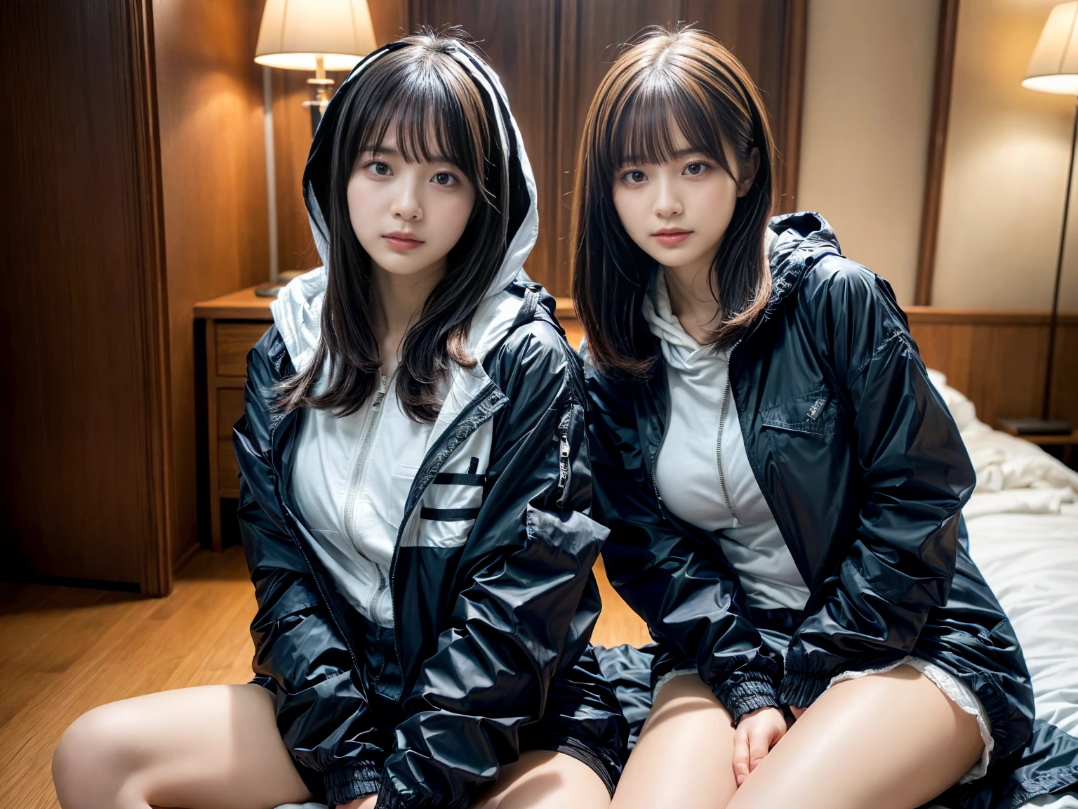 masterpiece, best quality, illustration, Super detailed, fine details, High resolution, 8K,wall paper, perfect dynamic composition,(Details High quality, realistic depiction of eyes:1.3), (2 girls), BREAK (black and White theme:1.4), (oversized and baggy black outerwear:1.3), (fusion of black windbreaker and White hoodie:1.4), (black Nylon:1.4), ((zipper, large pocket):1.3), sitting, open legs, short bob hair, in a hotel room in the background, deep on field, large breasts, black hair color, Big Natural Color Lip, (perfect body shape), crying a little、Harajuku style、20 year old girl、cute type、beautiful legs, Gravure Idol