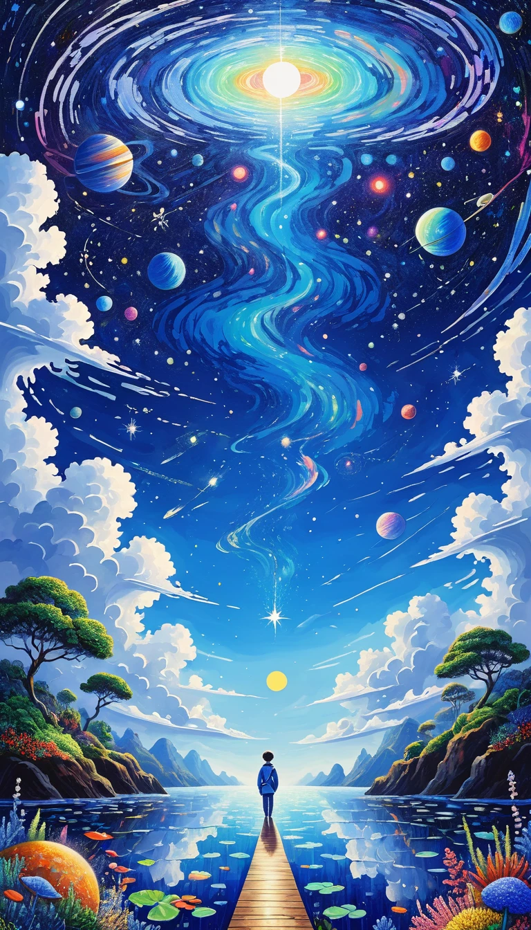 Psychedelic Art。plant、Marine Life、(((Charming eyes)))、cloud、Starry Sky，Galaxy、Planet、Abstract painting of joints，Describing the inner world of autistic people，Sense of space，Blank，White space，Pointillism method，Childish lines，Klein Blue，Incorporating Monet&#39;s artistic style