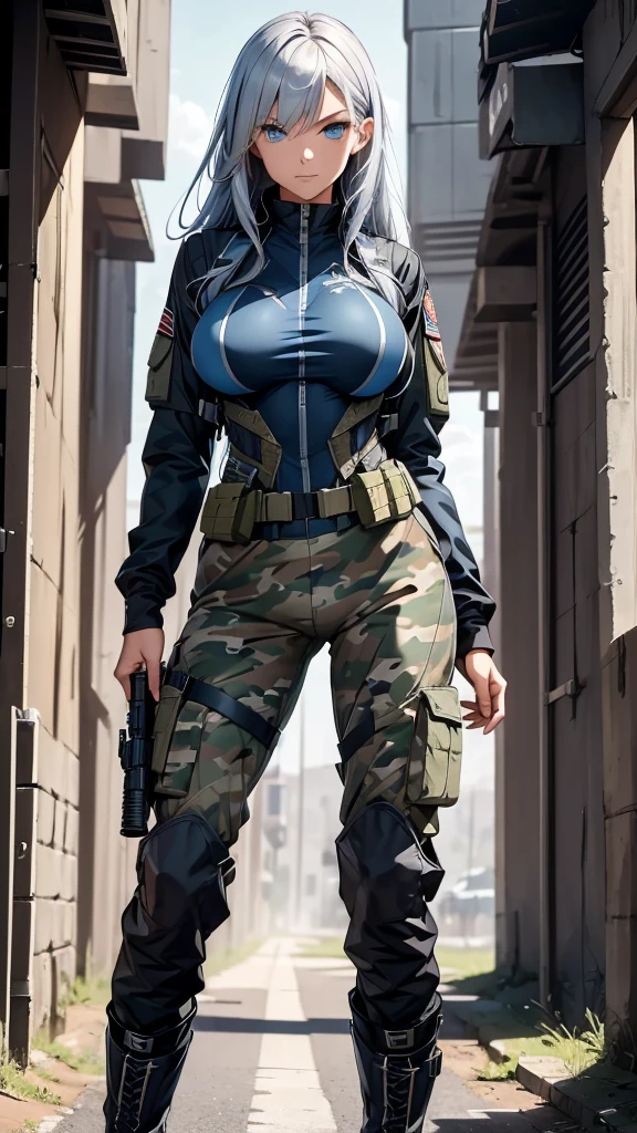 A woman soldier, atheletic body, sexy body, big breasts, blue eyes, silver hair, long haird, tactical gear, camo jacket, military boots, long cargo pants, military combat vest, high quality picture, high detail, high resolution