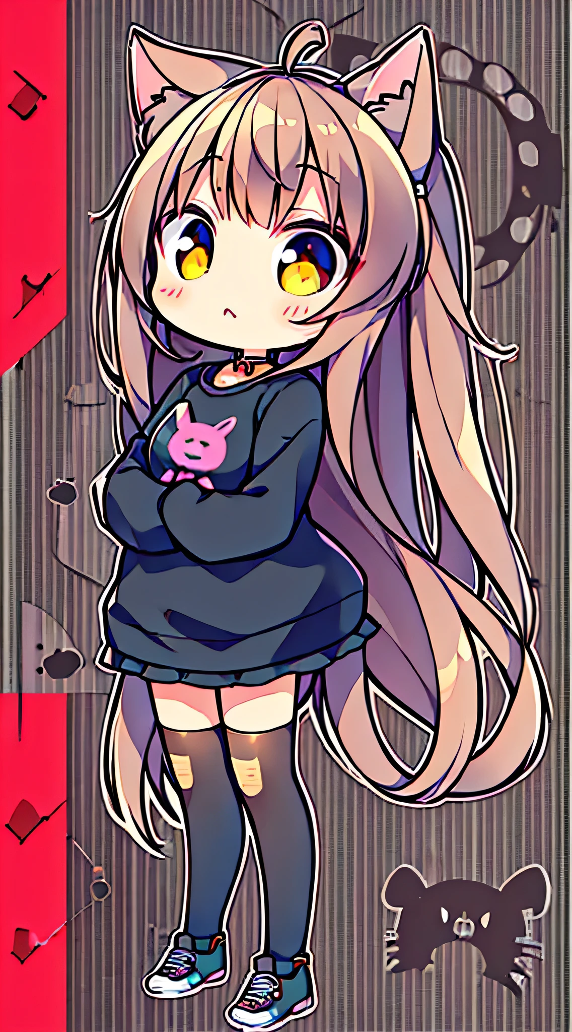 (Highest quality,4K,High resolution), Greige cat feminization，Cat ears，Cat ear headphones，Red long hair，Big eyes，Sharp Eye，Cold Eyes，Glare，Cool woman，Feline tail，Comical illustration，Vibrant color scheme，colorful，Transformational Design，Comical facial expression，cute